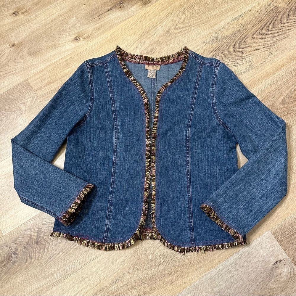 Choices Denim Jacket with Multicolor Frayed Tweed Trim size S